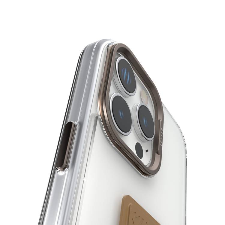 Levelo Morphix Clara Case for iPhone 16 Pro, Hybrid Material, Impact-Resistant Corners, Built-in Leather Grip, Metal Camera Ring - Rose Gold Titanium