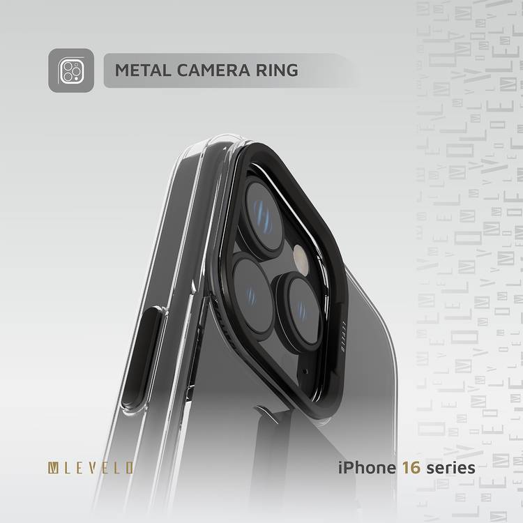 Levelo Graphia IMD Silicone Case for iPhone 16 Pro, Hybrid Case, Impact-Resistant Corners, Built-in Silicone Grip, Metal Camera Ring - Black