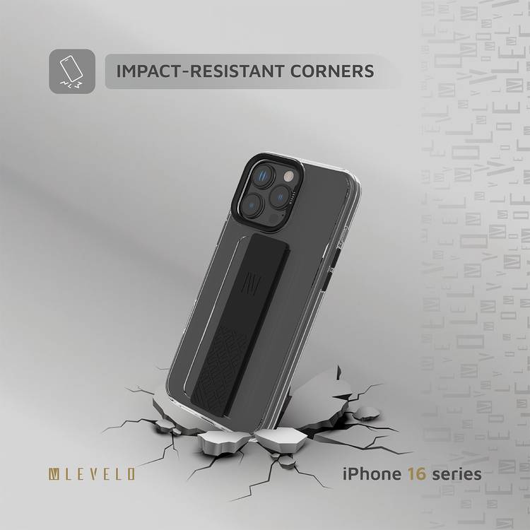 Levelo Graphia IMD Silicone Case for iPhone 16 Pro, Hybrid Case, Impact-Resistant Corners, Built-in Silicone Grip, Metal Camera Ring - Black
