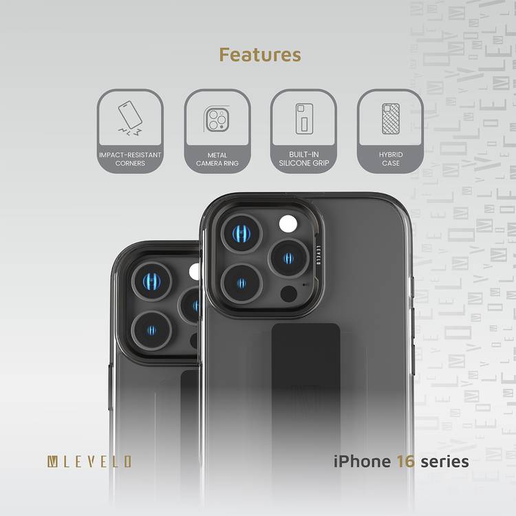 Levelo Graphia IMD Silicone Case for iPhone 16 Pro, Hybrid Case, Impact-Resistant Corners, Built-in Silicone Grip, Metal Camera Ring - Black