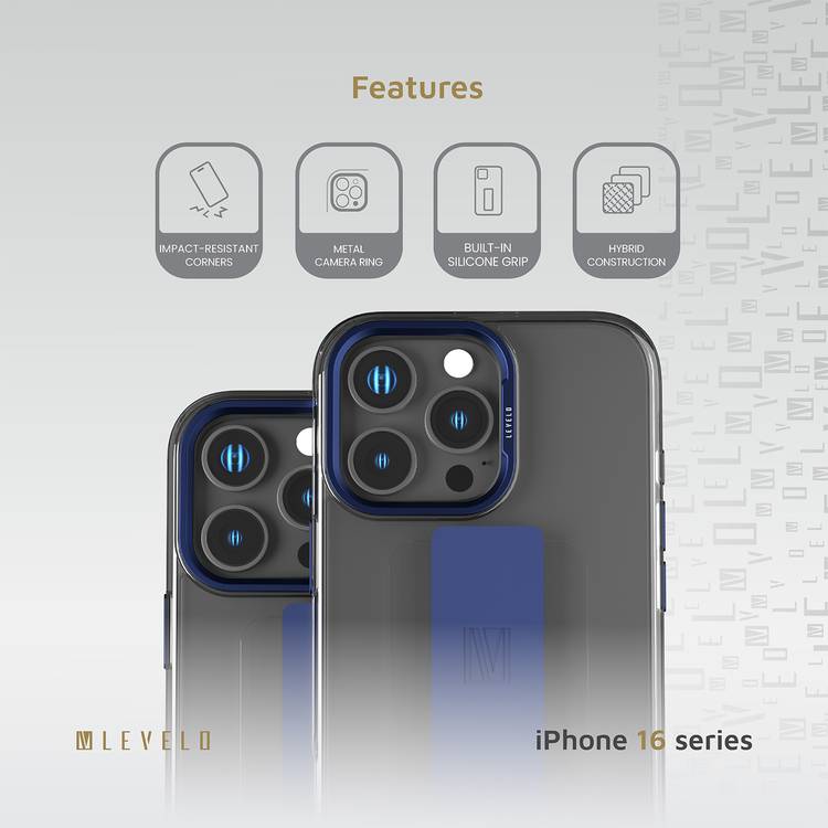 Levelo Graphia IMD Silicone Case for iPhone 16 Pro, Hybrid Case, Impact-Resistant Corners, Built-in Silicone Grip, Metal Camera Ring - Blue