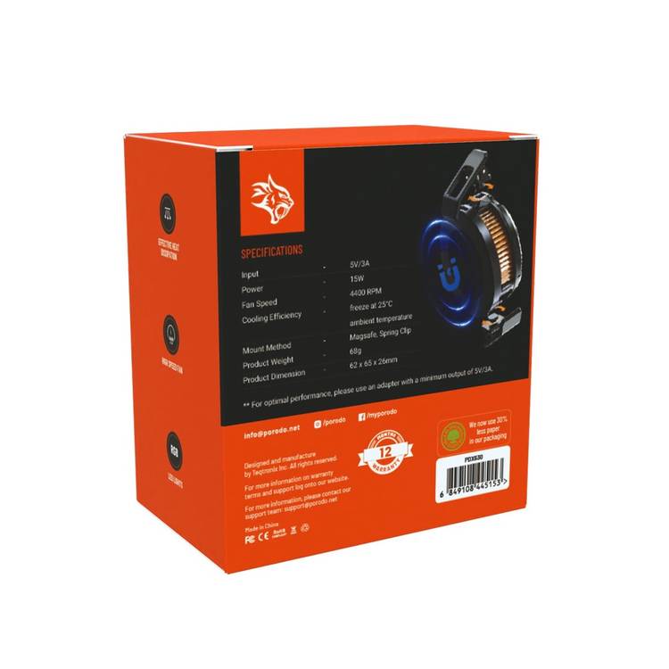 Porodo Gaming wireless charging Phone Cooler, High Speed Fan, Effective Heat Dissipation, RGB LED Light, Removable and Rotating Clips - Black