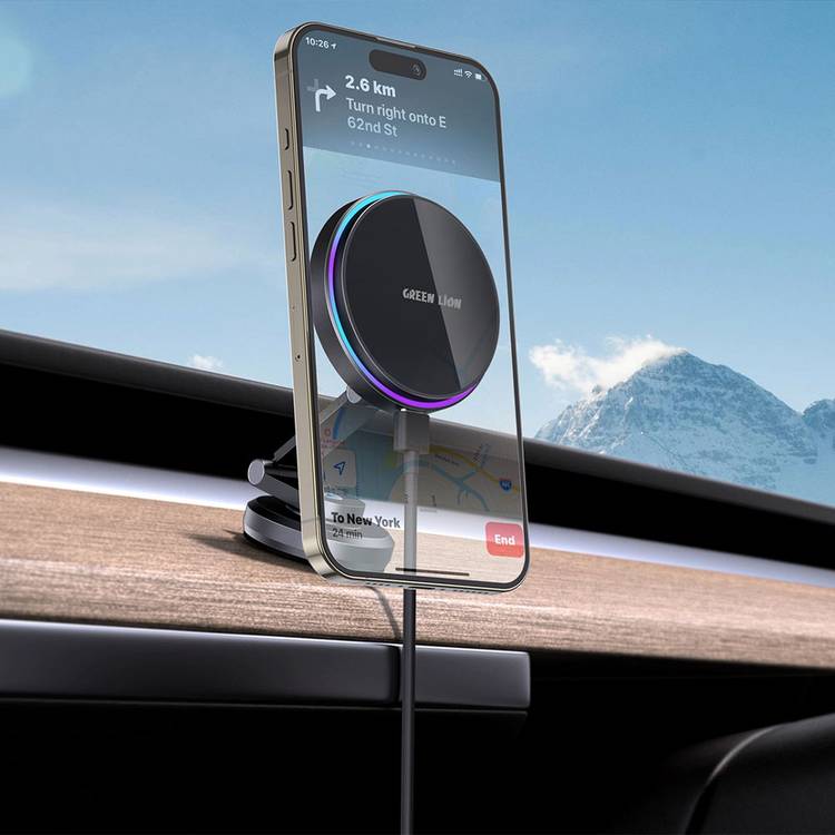 Green Lion Magfuse Car Charger Holder with MagSafe Compatibility, ABS+PC, Aluminum Alloy, Tempered Glass and VHB Material, 17×N54 Magnets, RGB Light, Flexible Design, Secure & Stable, Ambient Light - Black 