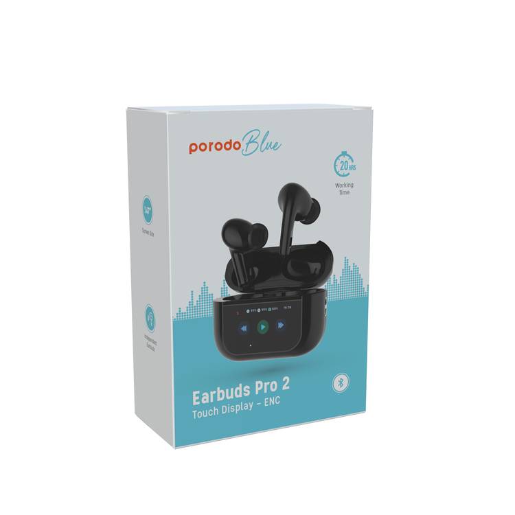 Porodo Blue AirPods Pro2 with Screen, Deep Bass, Touch Control, Camera Shutter, Music Playback, Call Management, 20 Hours Working Time, 1.47 inches Screen size - Black