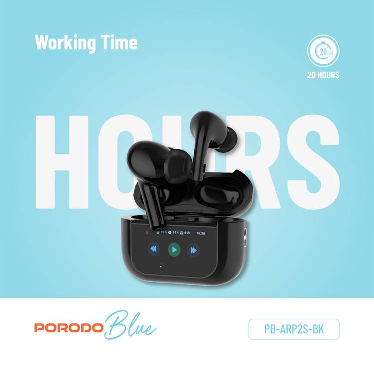 Porodo Blue AirPods Pro2 with Screen, Deep Bass, Touch Control, Camera Shutter, Music Playback, Call Management, 20 Hours Working Time, 1.47 inches Screen size - Black