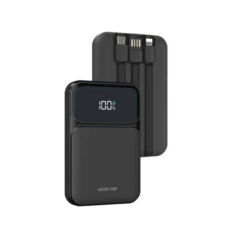 Green Lion 3-in-1 Integrated 10000mAh Power Bank with 15W Wireless Fast Charging, Short Circuit Protection, Digital Display, Polymer Battery, 20W PD, Built-in Cables - Black