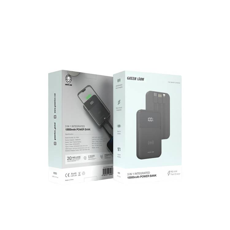 Green Lion 3-in-1 Integrated 10000mAh Power Bank with 15W Wireless Fast Charging, Short Circuit Protection, Digital Display, Polymer Battery, 20W PD, Built-in Cables - Black