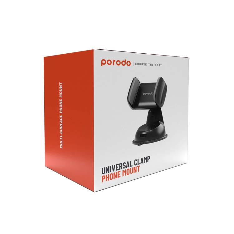 Porodo Universal Phone Mount with Adjustable Clamp, Strong Suction Base, 360° Rotation, Up to 6.5'' Devices Compatibility, One-Hand Operation, Vertical and Horizontal Phone Positioning - Black 