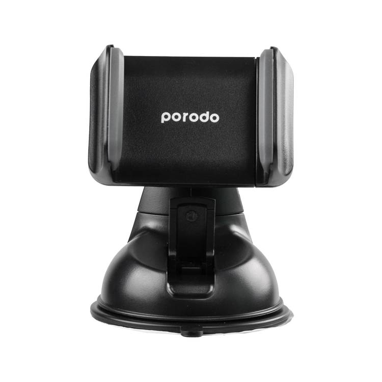 Porodo Universal Phone Mount with Adjustable Clamp, Strong Suction Base, 360° Rotation, Up to 6.5'' Devices Compatibility, One-Hand Operation, Vertical and Horizontal Phone Positioning - Black 