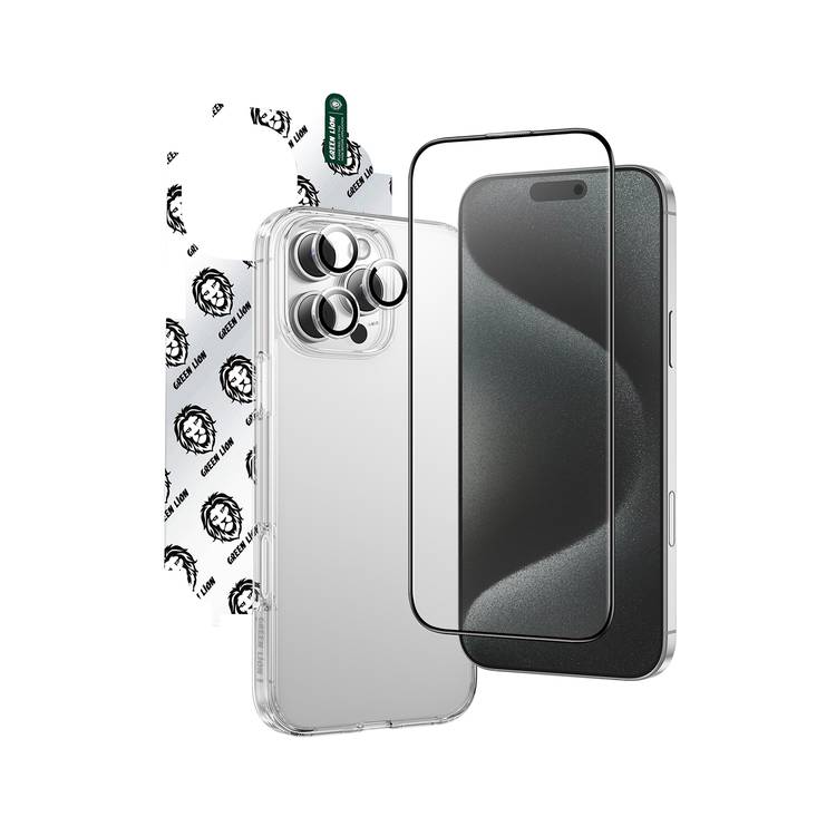 Green Lion 4-in-1 Defender Pack for iPhone 16 Pro, Anti-Shock Case, Nano HD Full Protection, Camera Lens Film, 3D Pet HD Glass - Clear Color