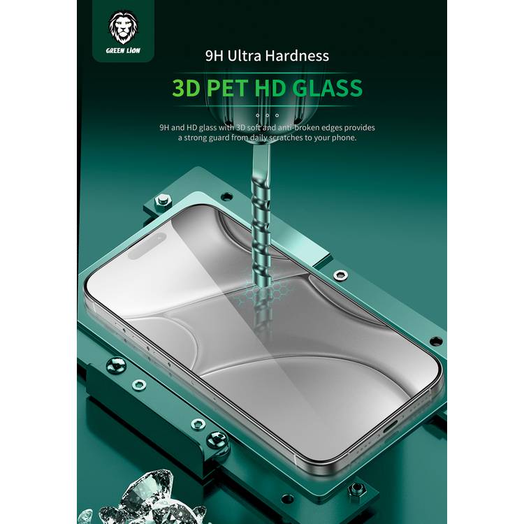 Green Lion 4-in-1 Defender Pack for iPhone 16 Pro, Anti-Shock Case, Nano HD Full Protection, Camera Lens Film, 3D Pet HD Glass - Clear Color