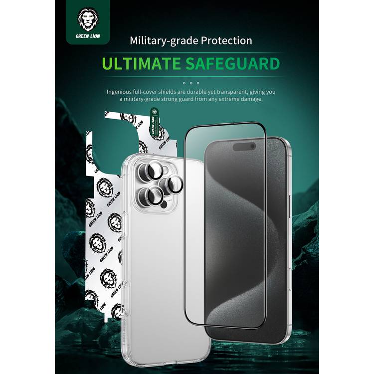 Green Lion 4-in-1 Defender Pack for iPhone 16 Pro, Anti-Shock Case, Nano HD Full Protection, Camera Lens Film, 3D Pet HD Glass - Clear Color