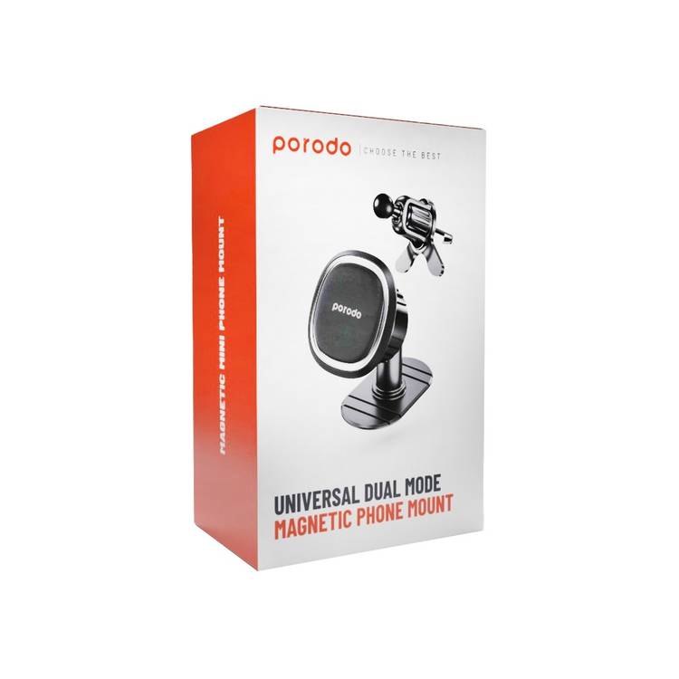 Porodo Universal Dual Mode Magnetic Phone Mount with Rotating Ball Joint, Strong Magnetic Hold, One-Hand Operation, Portable & Ultra Compact Design - Black