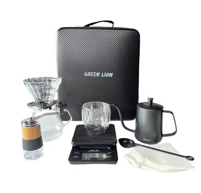 Green Lion G-40 Coffee Maker Set with Manual Grinder, Gla...