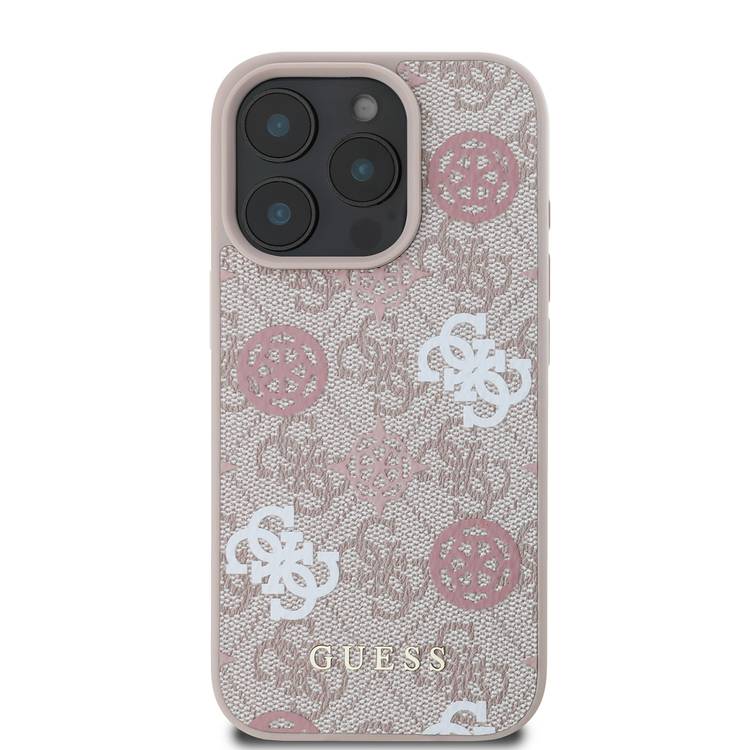 Guess PU 4G Design Hard Case with Peony for iPhone 16 Pro Max , Easy Snap-On, Slip Profile - Pink