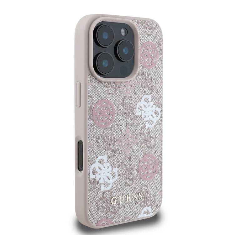 Guess PU 4G Design Hard Case with Peony for iPhone 16 Pro Max , Easy Snap-On, Slip Profile - Pink