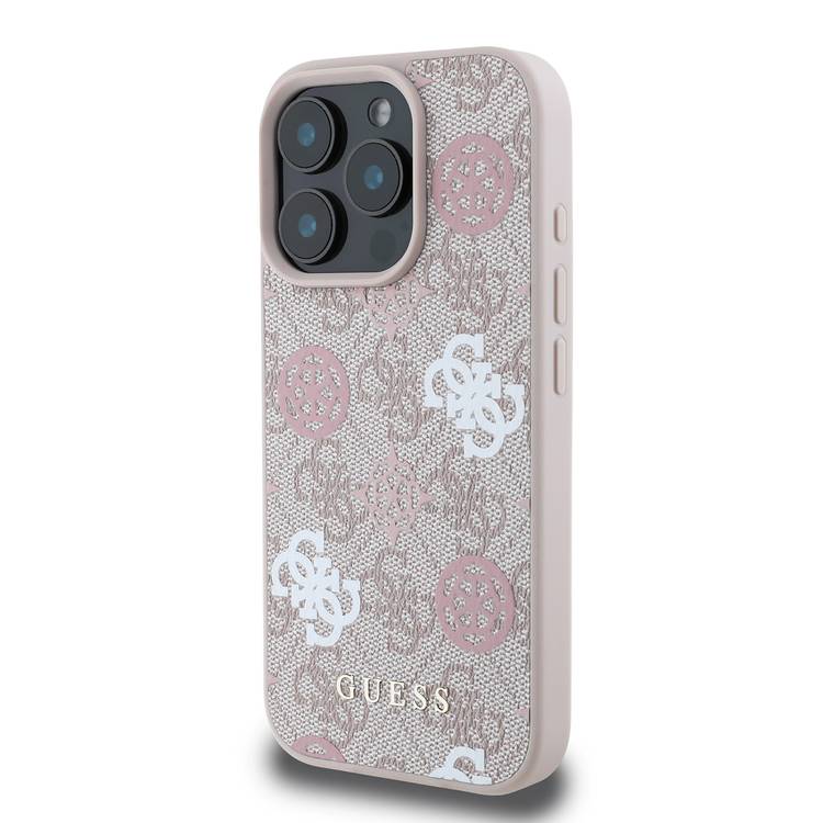 Guess PU 4G Design Hard Case with Peony for iPhone 16 Pro Max , Easy Snap-On, Slip Profile - Pink