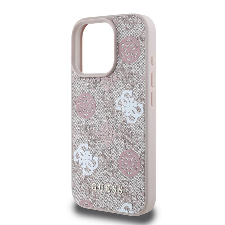Guess PU 4G Design Hard Case with Peony for iPhone 16 Pro Max , Easy Snap-On, Slip Profile - Pink