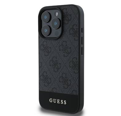 Guess PU 4G Leather Hard Case with Bottom Stripe For iPhone 16 Pro, Premium Material, Extra Shield Protection, Precise Cutouts, Drop Protection, Slim Profile, Easy Snap-On - Gray