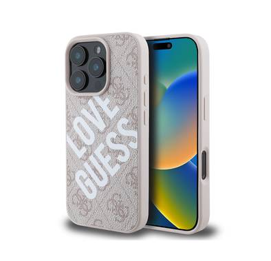 Guess PU 4G Hard Case with Big Love Guess Logo For iPhone 16 Pro, High Quality Material, Lightweight, Easy Snap-on - Pink