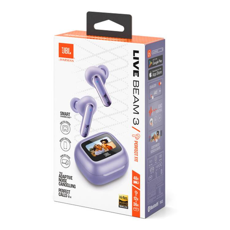 JBL Live Beam 3 In-Ear Earbuds with Display & Mic, True Wireless, 48 Hours Working Time, Type-C & Wireless Charging, ENC, ANC - Purple