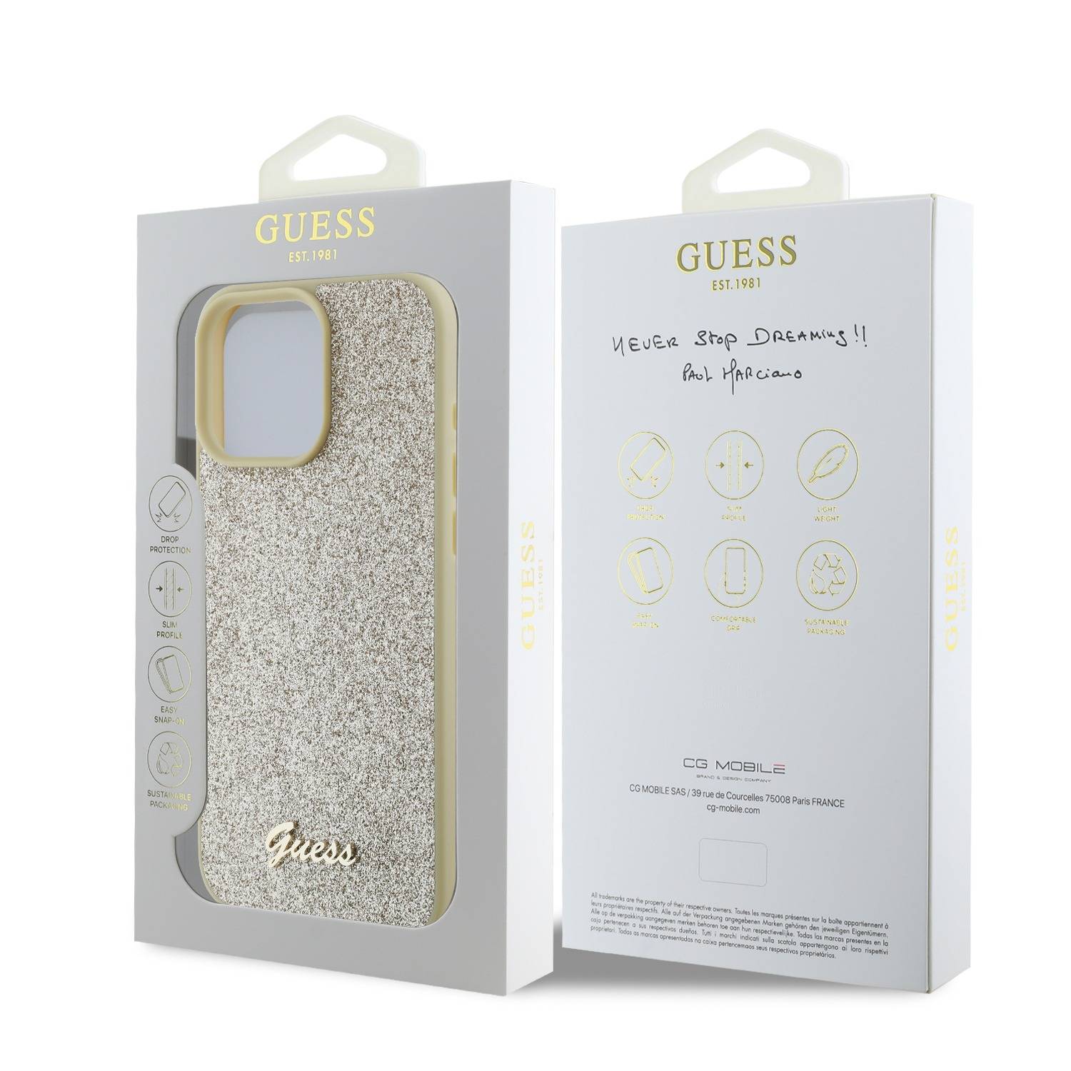 Buy Guess Fixed Glitter Hard Case For iPhone 16 Pro Max in UAE Drop Protection Gold GUHCP16XHGGSHD