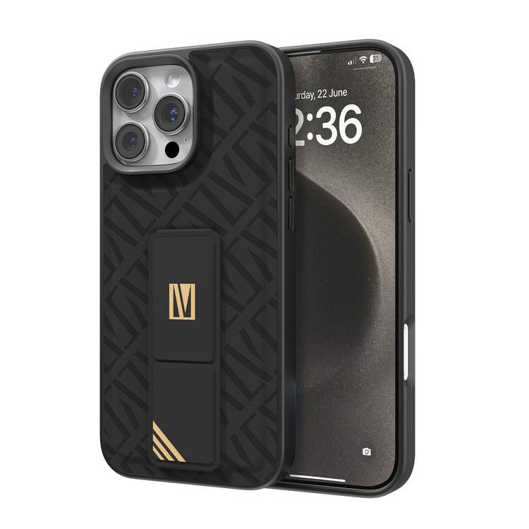 Levelo Morphix Cuero Gripstand Case for iPhone 16 Pro, Built-In Grip, Easy Snap On, Impact Resistance Corners - Black