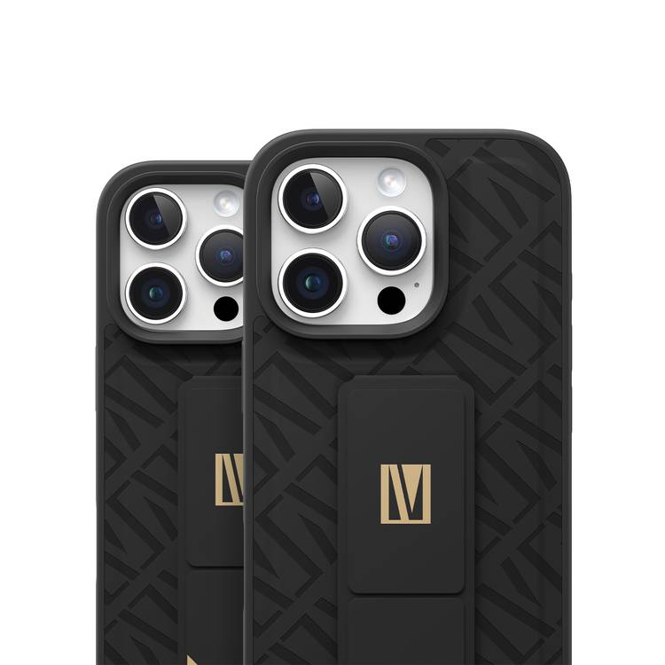 Levelo Morphix Cuero Gripstand Case for iPhone 16 Pro, Built-In Grip, Easy Snap On, Impact Resistance Corners - Black