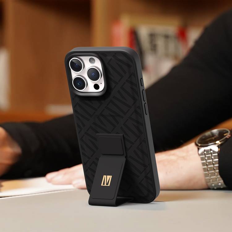 Levelo Morphix Cuero Gripstand Case for iPhone 16 Pro, Built-In Grip, Easy Snap On, Impact Resistance Corners - Black