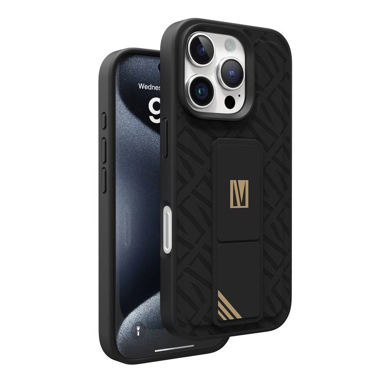 Levelo Morphix Cuero Gripstand Case for iPhone 16 Pro, Built-In Grip, Easy Snap On, Impact Resistance Corners - Black