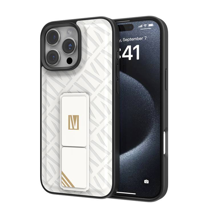 Levelo Morphix Cuero Gripstand Case for iPhone 16 Pro Max, Built-in Grip, Easy Snap On, Impact Resistance Corners - White