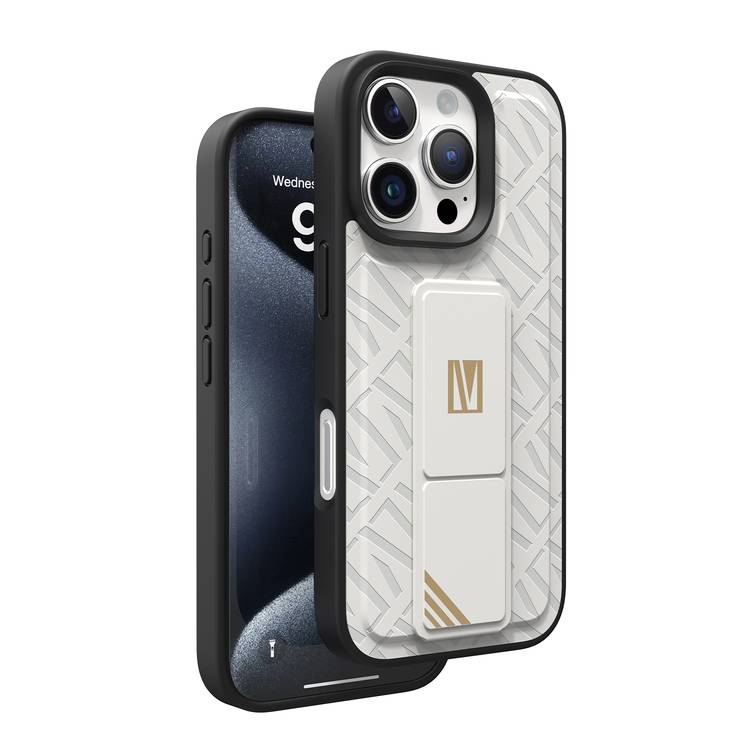 Levelo Morphix Cuero Gripstand Case for iPhone 16 Pro Max, Built-in Grip, Easy Snap On, Impact Resistance Corners - White