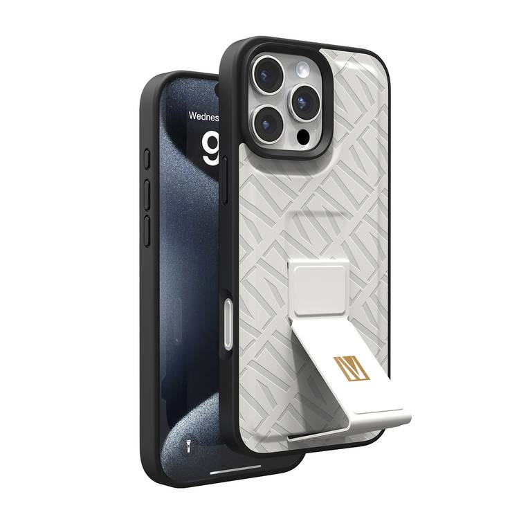 Levelo Morphix Cuero Gripstand Case for iPhone 16 Pro Max, Built-in Grip, Easy Snap On, Impact Resistance Corners - White