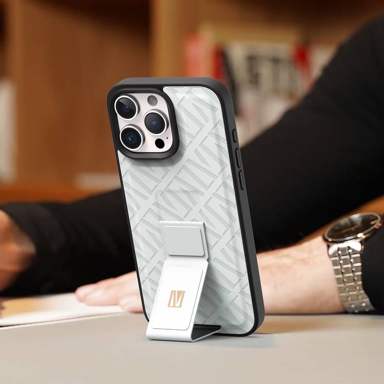 Levelo Morphix Cuero Gripstand Case for iPhone 16 Pro Max, Built-in Grip, Easy Snap On, Impact Resistance Corners - White