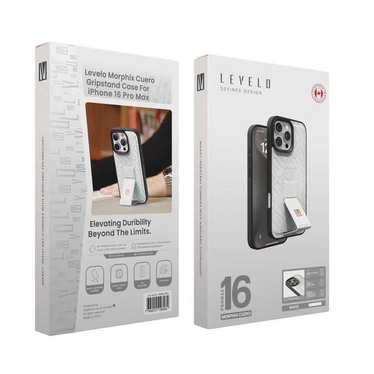 Levelo Morphix Cuero Gripstand Case for iPhone 16 Pro Max, Built-in Grip, Easy Snap On, Impact Resistance Corners - White