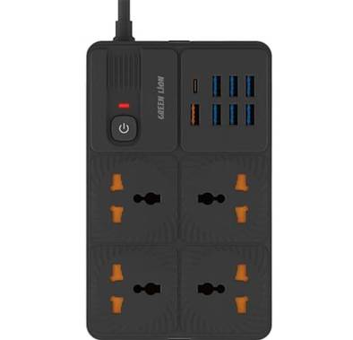 Green Lion Power Socket with 4 AC Sockets, 7 USB-A Port, 1 PD Port, 2m Cable Length - Black