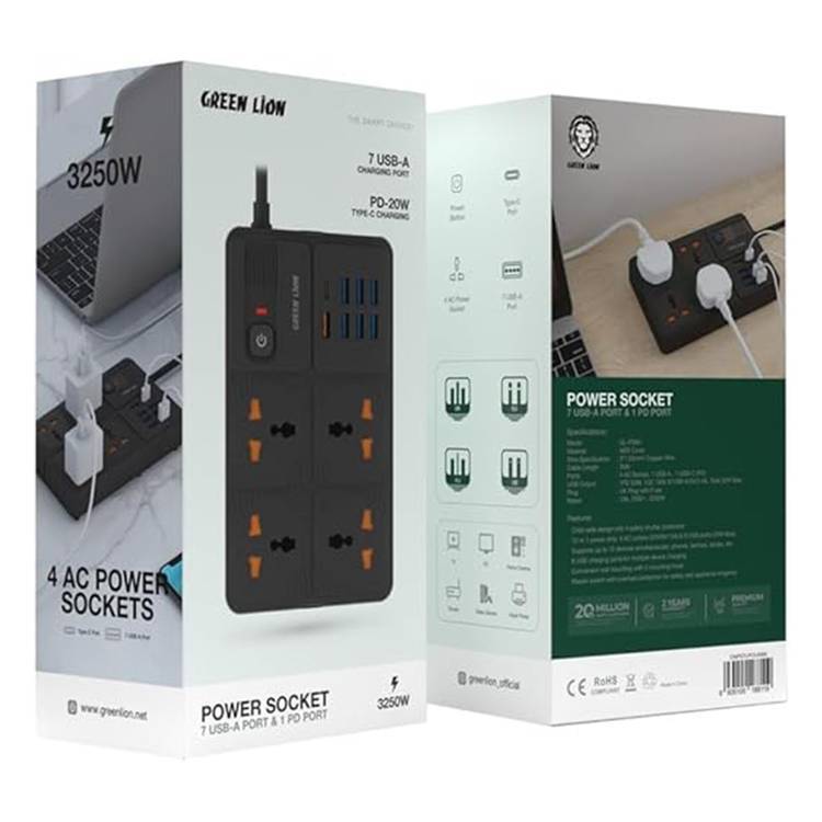 Green Lion Power Socket with 4 AC Sockets, 7 USB-A Port, 1 PD Port, 2m Cable Length - Black