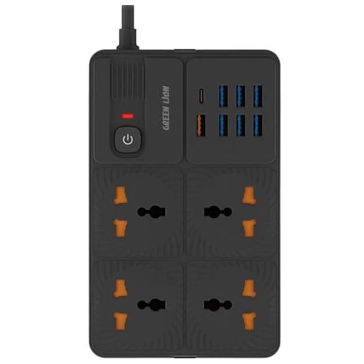 Green Lion Power Socket with 4 AC Sockets, 7 USB-A Port, 1 PD Port, 2m Cable Length - Black