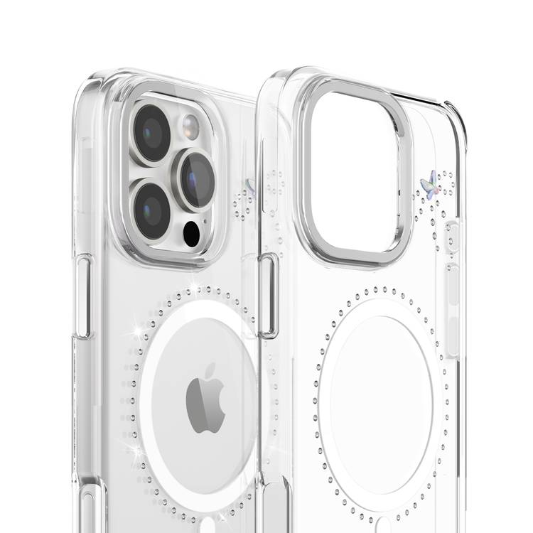 جراب Levelo Butterfly Magsafe لهاتف iPhone 16 Pro بلمسة نهائية من الكريستال الفاخر، ومواد TPU فائقة الرقة، وكريستالات سواروفسكي، وتقنية Clearview، ومغناطيس Magsafe قوي - شفاف