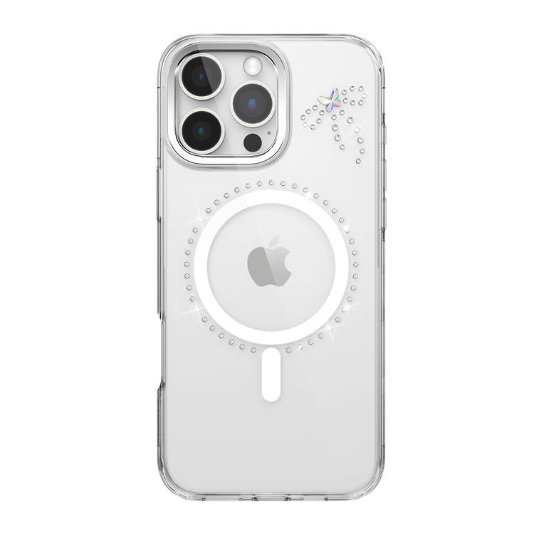 جراب Levelo Butterfly Magsafe لهاتف iPhone 16 Pro بلمسة نهائية من الكريستال الفاخر، ومواد TPU فائقة الرقة، وكريستالات سواروفسكي، وتقنية Clearview، ومغناطيس Magsafe قوي - شفاف