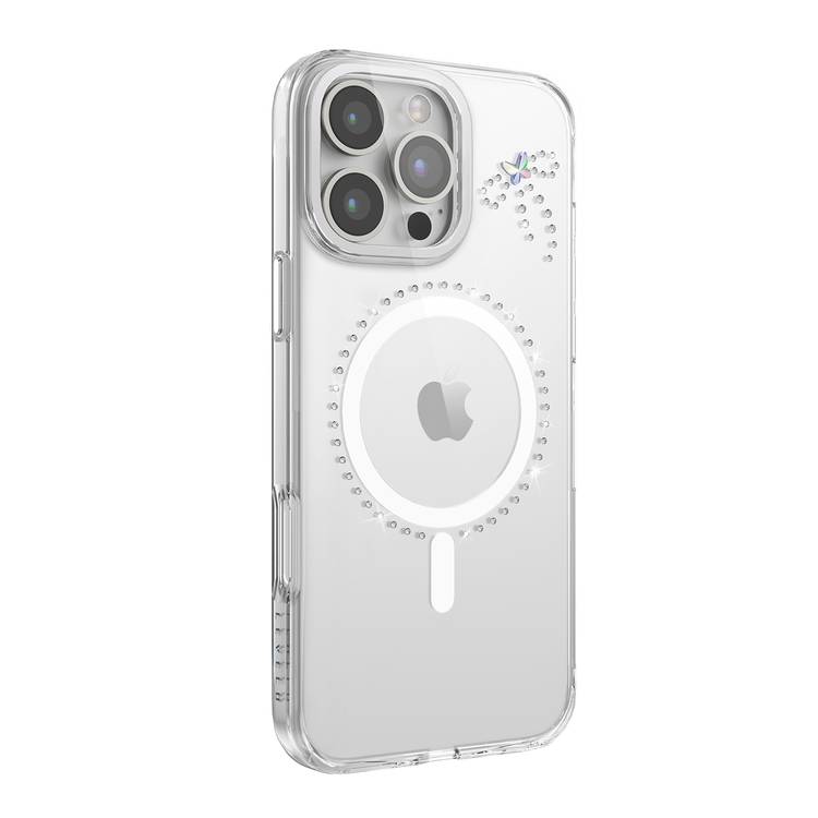 جراب Levelo Butterfly Magsafe لهاتف iPhone 16 Pro بلمسة نهائية من الكريستال الفاخر، ومواد TPU فائقة الرقة، وكريستالات سواروفسكي، وتقنية Clearview، ومغناطيس Magsafe قوي - شفاف