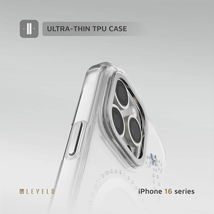 جراب Levelo Butterfly Magsafe لهاتف iPhone 16 Pro بلمسة نهائية من الكريستال الفاخر، ومواد TPU فائقة الرقة، وكريستالات سواروفسكي، وتقنية Clearview، ومغناطيس Magsafe قوي - شفاف
