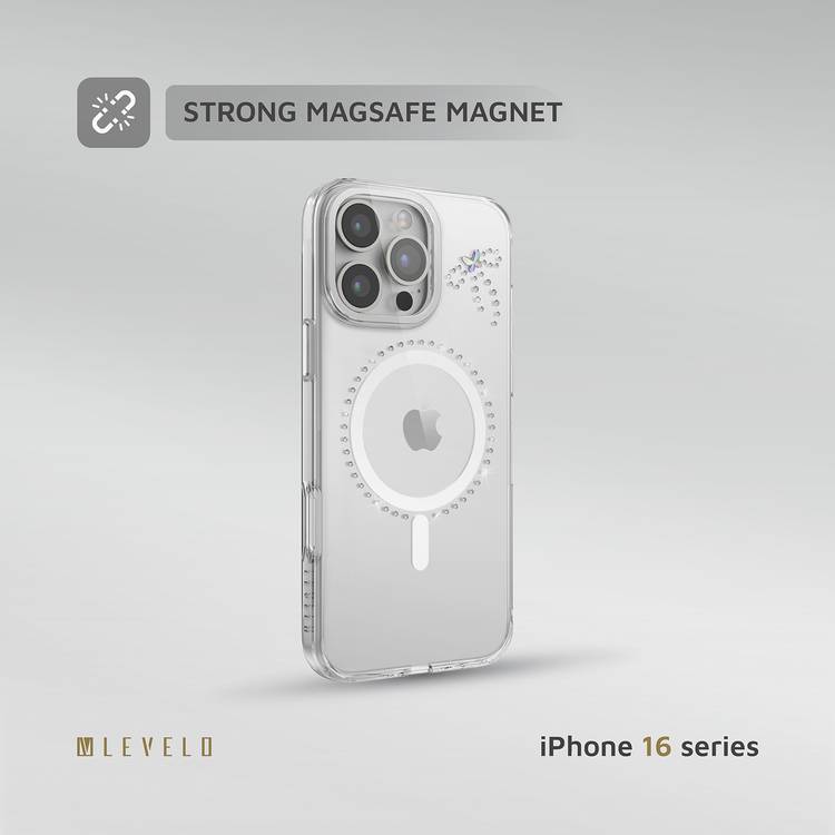 جراب Levelo Butterfly Magsafe لهاتف iPhone 16 Pro بلمسة نهائية من الكريستال الفاخر، ومواد TPU فائقة الرقة، وكريستالات سواروفسكي، وتقنية Clearview، ومغناطيس Magsafe قوي - شفاف