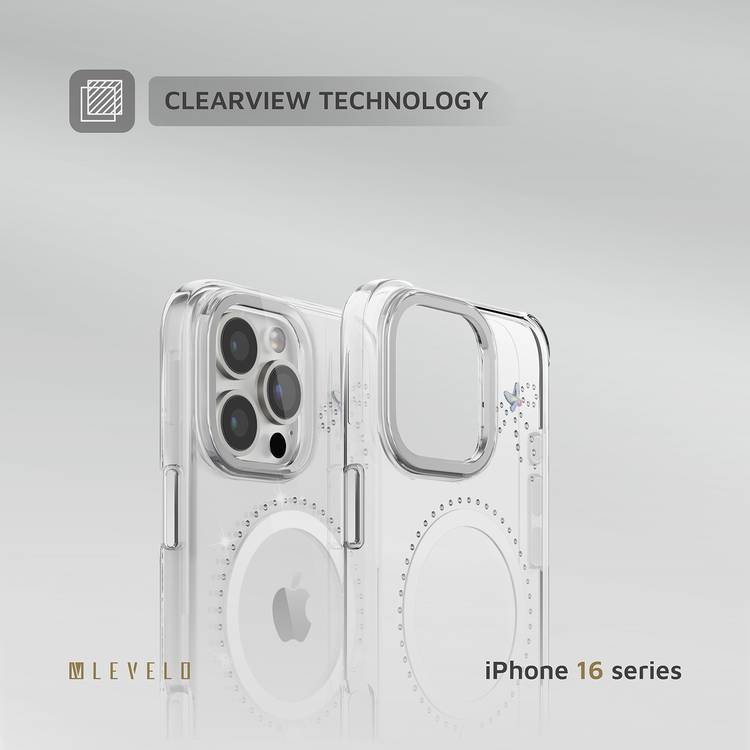 جراب Levelo Butterfly Magsafe لهاتف iPhone 16 Pro بلمسة نهائية من الكريستال الفاخر، ومواد TPU فائقة الرقة، وكريستالات سواروفسكي، وتقنية Clearview، ومغناطيس Magsafe قوي - شفاف