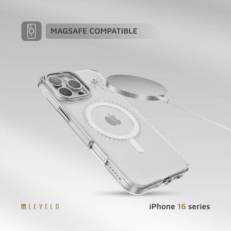 جراب Levelo Butterfly Magsafe لهاتف iPhone 16 Pro بلمسة نهائية من الكريستال الفاخر، ومواد TPU فائقة الرقة، وكريستالات سواروفسكي، وتقنية Clearview، ومغناطيس Magsafe قوي - شفاف