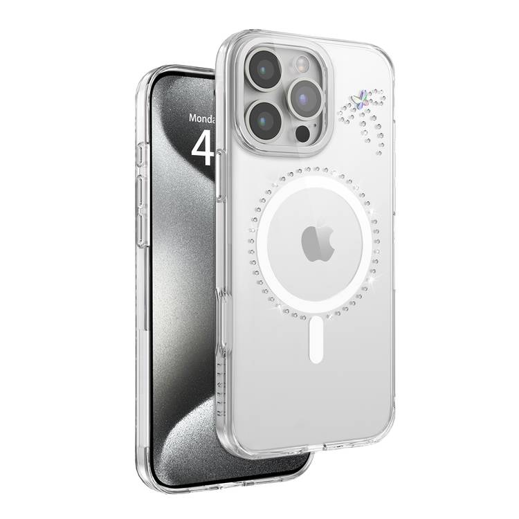 جراب Levelo Butterfly Magsafe لهاتف iPhone 16 Pro بلمسة نهائية من الكريستال الفاخر، ومواد TPU فائقة الرقة، وكريستالات سواروفسكي، وتقنية Clearview، ومغناطيس Magsafe قوي - شفاف