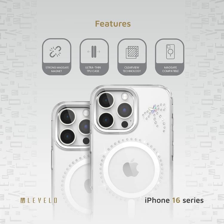 جراب Levelo Butterfly Magsafe لهاتف iPhone 16 Pro بلمسة نهائية من الكريستال الفاخر، ومواد TPU فائقة الرقة، وكريستالات سواروفسكي، وتقنية Clearview، ومغناطيس Magsafe قوي - شفاف