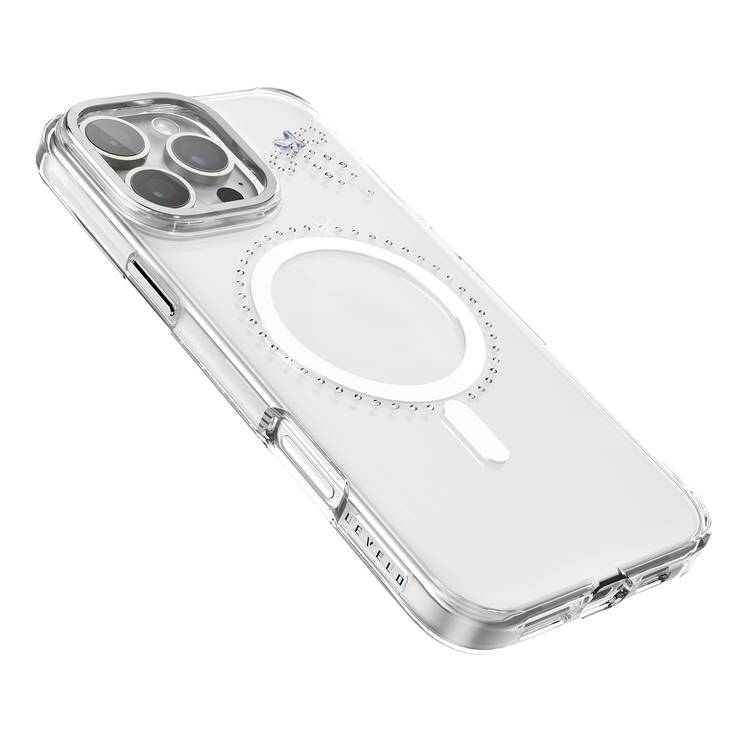 جراب Levelo Butterfly Magsafe لهاتف iPhone 16 Pro بلمسة نهائية من الكريستال الفاخر، ومواد TPU فائقة الرقة، وكريستالات سواروفسكي، وتقنية Clearview، ومغناطيس Magsafe قوي - شفاف