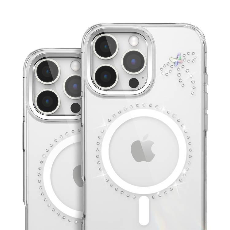 جراب Levelo Butterfly Magsafe لهاتف iPhone 16 Pro بلمسة نهائية من الكريستال الفاخر، ومواد TPU فائقة الرقة، وكريستالات سواروفسكي، وتقنية Clearview، ومغناطيس Magsafe قوي - شفاف