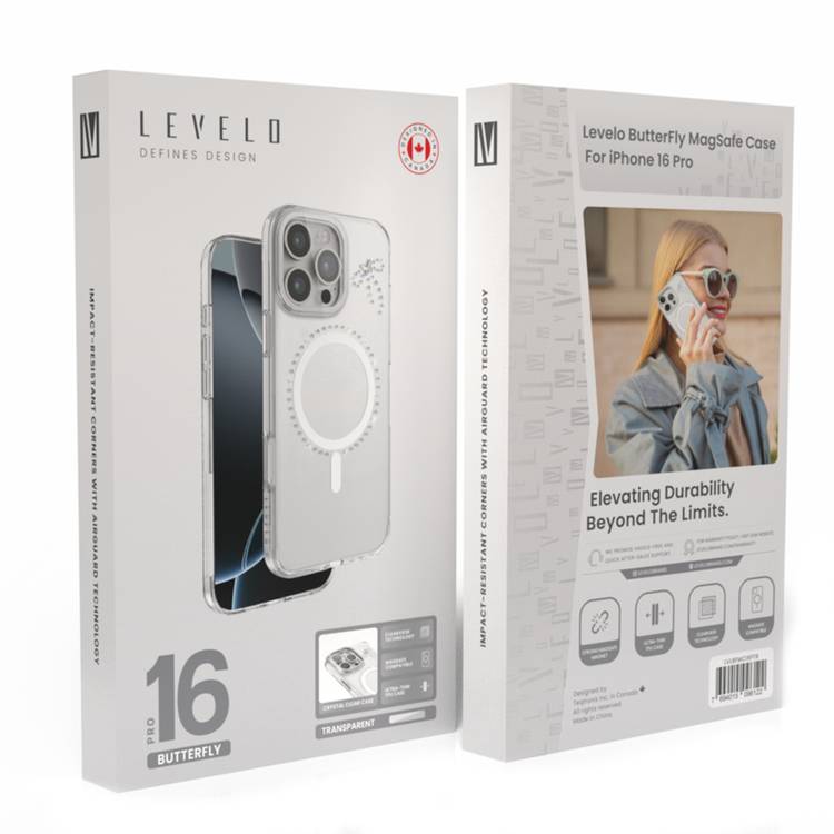جراب Levelo Butterfly Magsafe لهاتف iPhone 16 Pro بلمسة نهائية من الكريستال الفاخر، ومواد TPU فائقة الرقة، وكريستالات سواروفسكي، وتقنية Clearview، ومغناطيس Magsafe قوي - شفاف